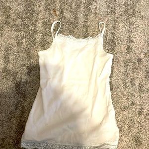 It is white and it has ruffles and on the top and bottom